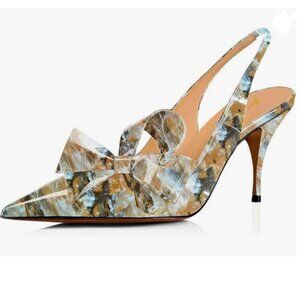 YDN Marble Stiletto Heel Pumps Bow Pointed Toe Slingback Slip on Dress Sandals